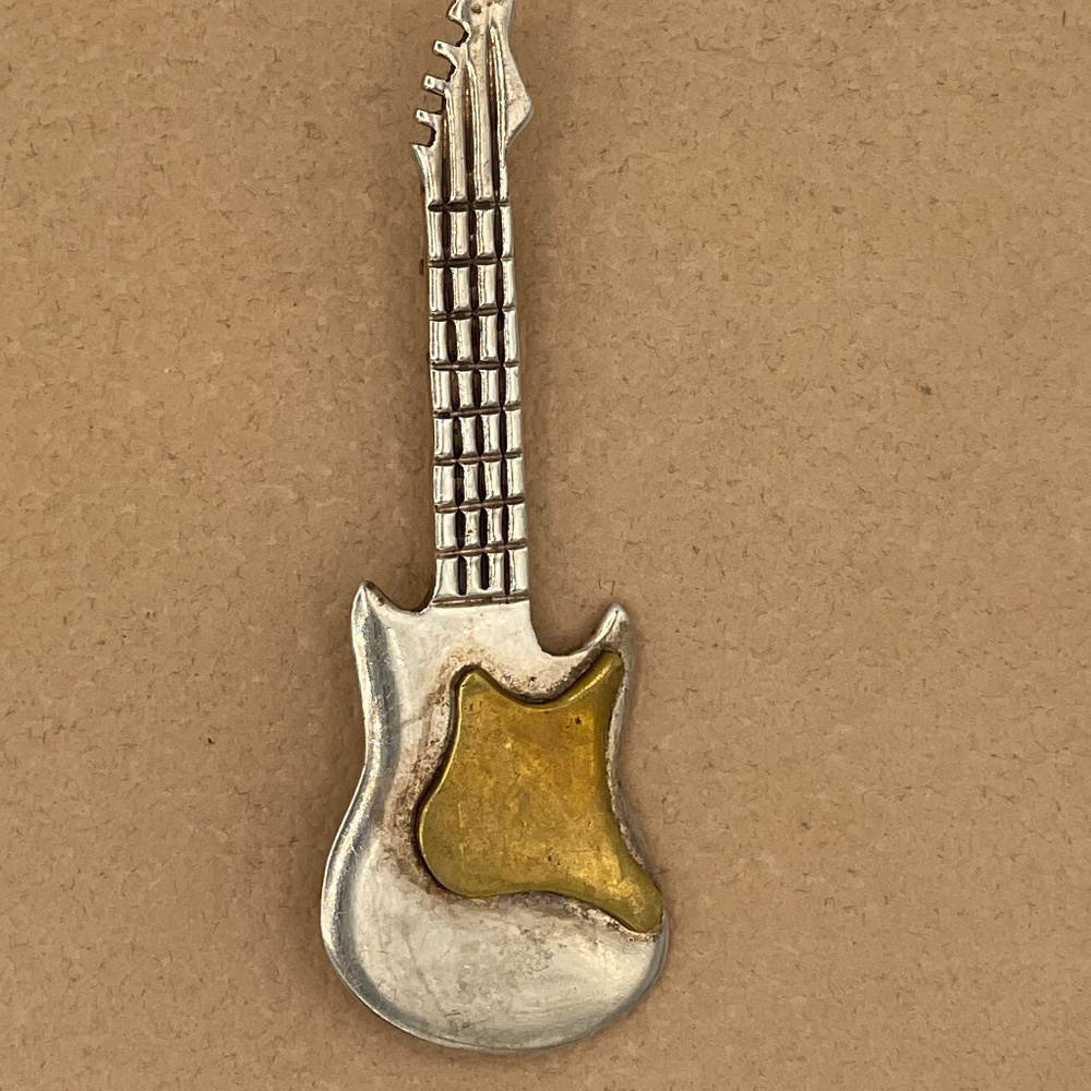 Sterling Silver Mexico Guitar Brooch Two Tone Details 2"
